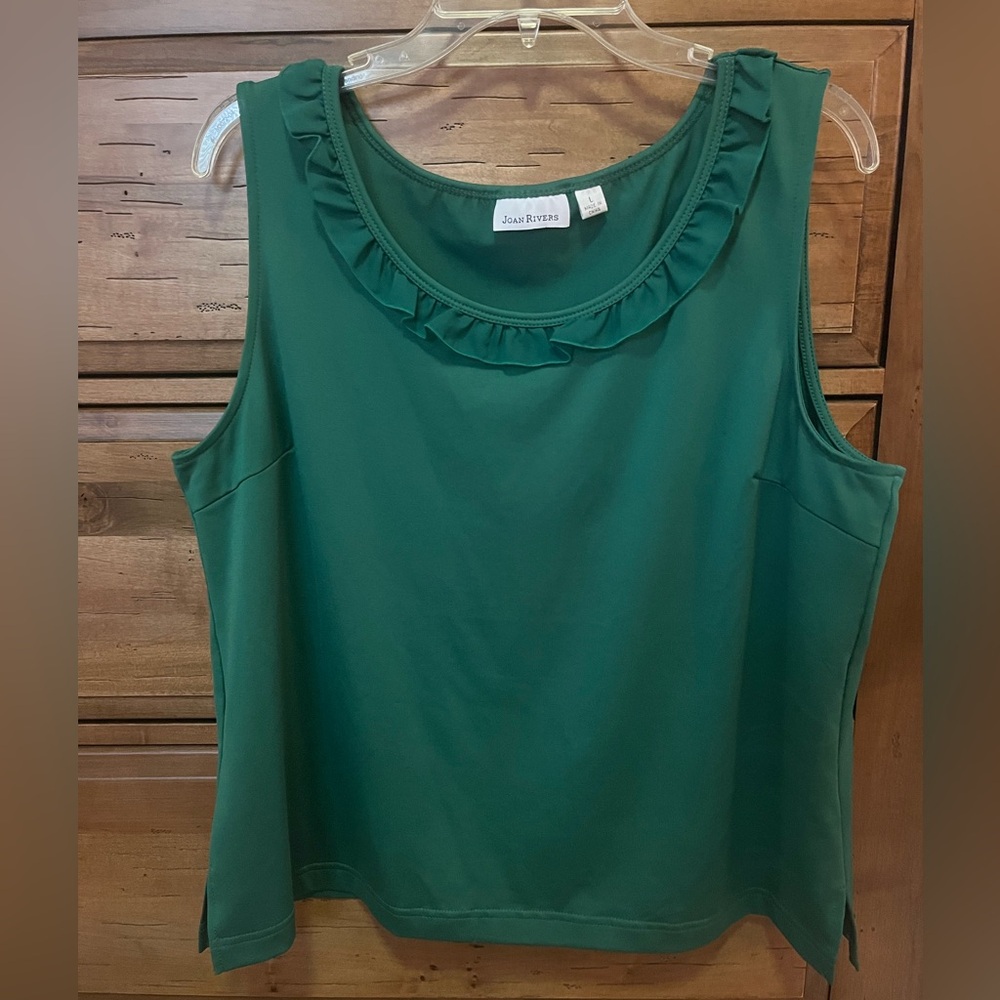 Joan Rivers Deep Green Ruffle-Trim Sleeveless Tank Size L